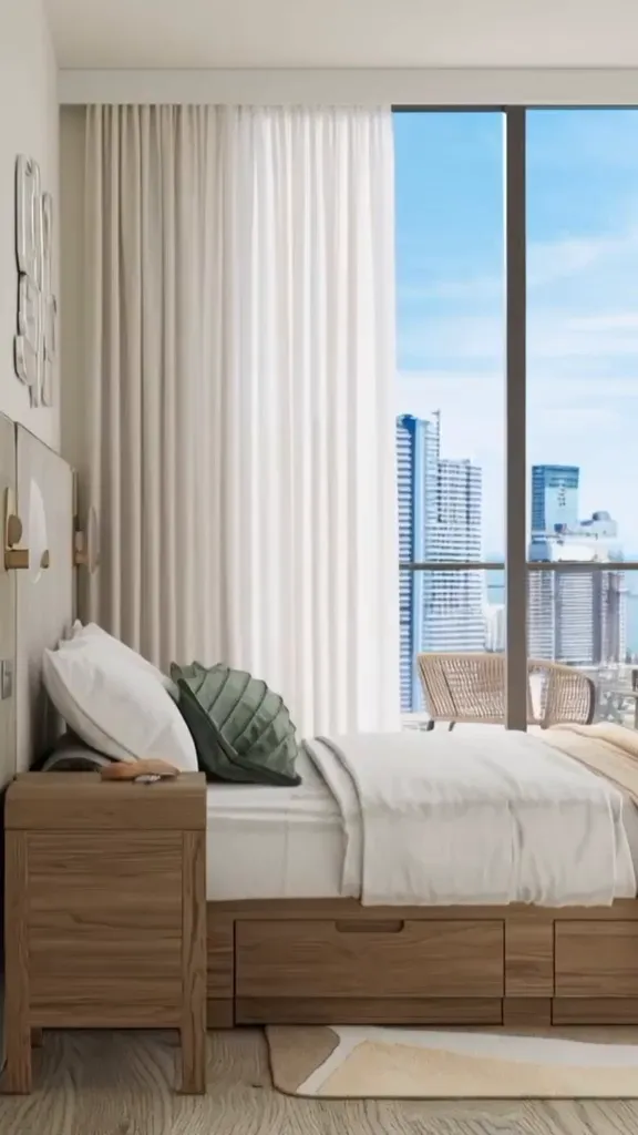 Artist conceptual rendering of a furnished Domus residence with floor-to-ceiling windows over Brickell