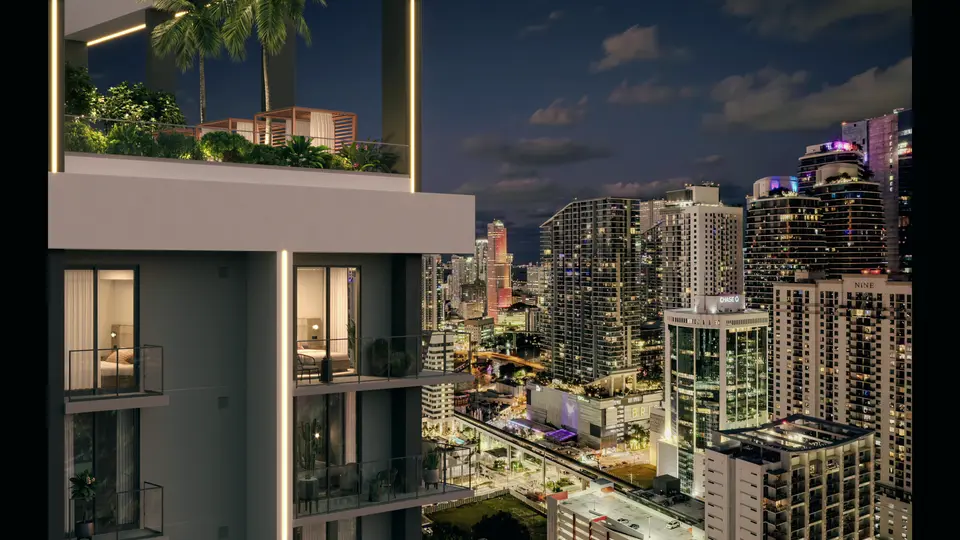 Artist conceptual rendering: Brickell at night from a Domus Brickell Center terrace